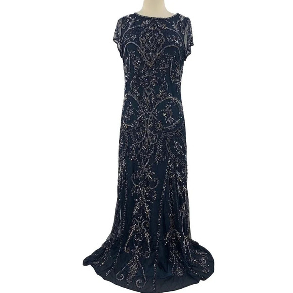 Pisarro Nights Women's Illusion Beaded Cold Shoulder Mesh Gown Size 8 NWT - Picture 1 of 12